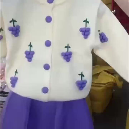 Girls’ 2-Piece Furry Fruit Sweater & Pleated Skirt Set – Cozy Purple Knitwear Outfit for Daily Wear or Parties in Autumn/Winter