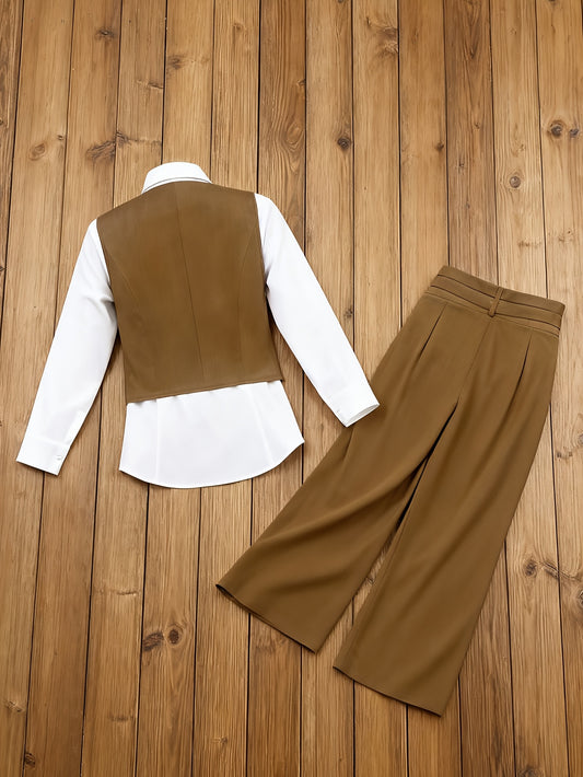 Women’s Tailored Blazer Vest Set — 3-Piece Formal Outfit with Sleeveless Shirt & Wide-Leg Pants