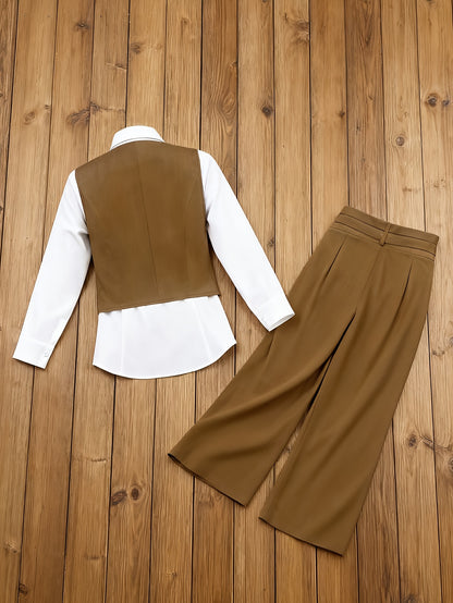 Women’s Tailored Blazer Vest Set — 3-Piece Formal Outfit with Sleeveless Shirt & Wide-Leg Pants
