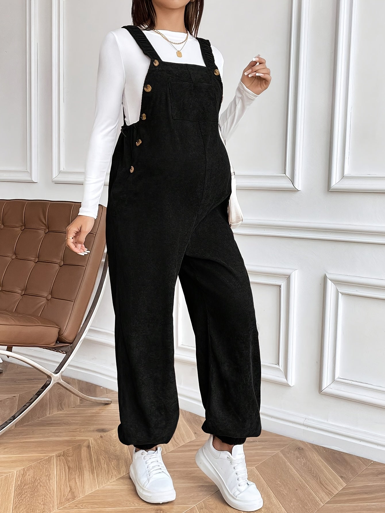 Women’s Maternity Oversized Trousers – Full-Length Corduroy-Style Pregnancy Pants with Adjustable Drawstring Waist & Golden-Tone Buttons