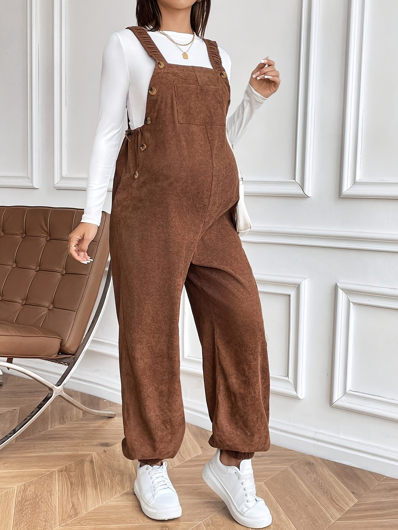 Women’s Maternity Oversized Trousers – Full-Length Corduroy-Style Pregnancy Pants with Adjustable Drawstring Waist & Golden-Tone Buttons