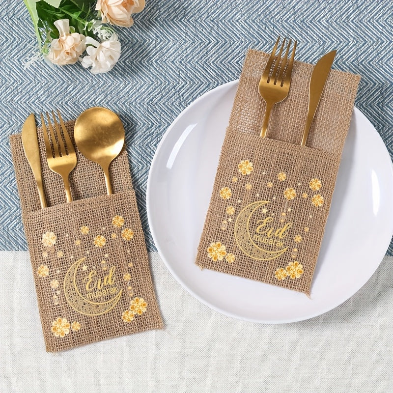 Set of 5 Burlap Bags Featuring Flowers, Perfect for Eid And Ramadan. These Bags Can Hold Knives And Forks And Serve As Festive Decorations for Your Home, Ideal for Islamic Muslim Gatherings And Tableware