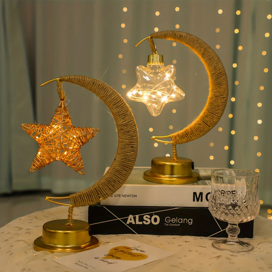 1pc LED Ironwork Rope Star Moon Lamp | Christmas, New Year, Ramadan Lighting, Warm Light, No Battery, Suitable for Holiday Parties, Home Bedroom Desk Lamp Ambience Decoration
