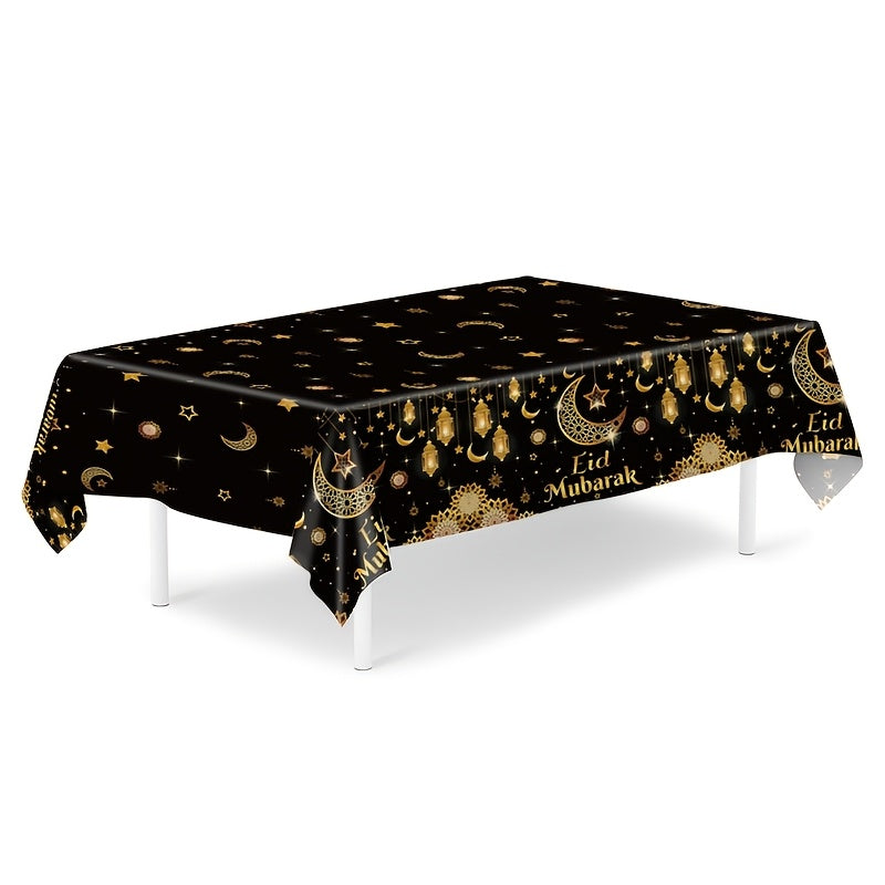 1pc,Moon Star Lantern Eid Mubarak Tablecloth,130*220cm PE Tablecover,Black Gold Table Cloth,Ramadan Decoration for Home,Eid Al-Fitr Gifts,Islamic Muslim Party Supplies,Ramadan Kareem Eid Al Adha Table Decoration