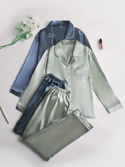 Women’s 2-Set Satin Pajama Collection – Long-Sleeve & Long-Pants Solid Color Sleepwear with Turned Collar and Elegant Button Detailing for Autumn/Winter