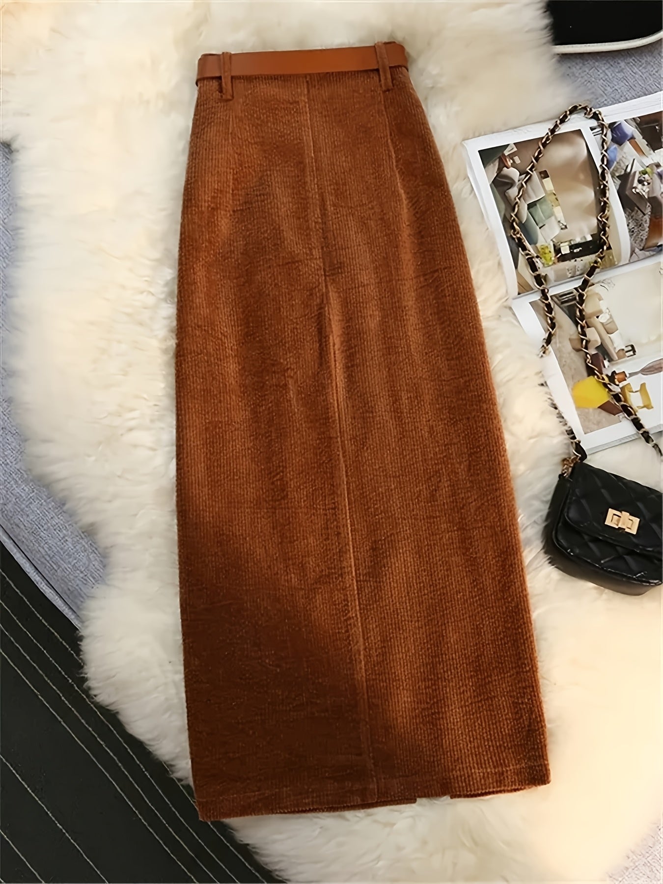 Women’s 3-Piece High-Waisted Ribbed Skirt Set – Black, Beige & Light Brown Long Skirts with Golden Belt Accents for Casual or Dressy All-Season Wear