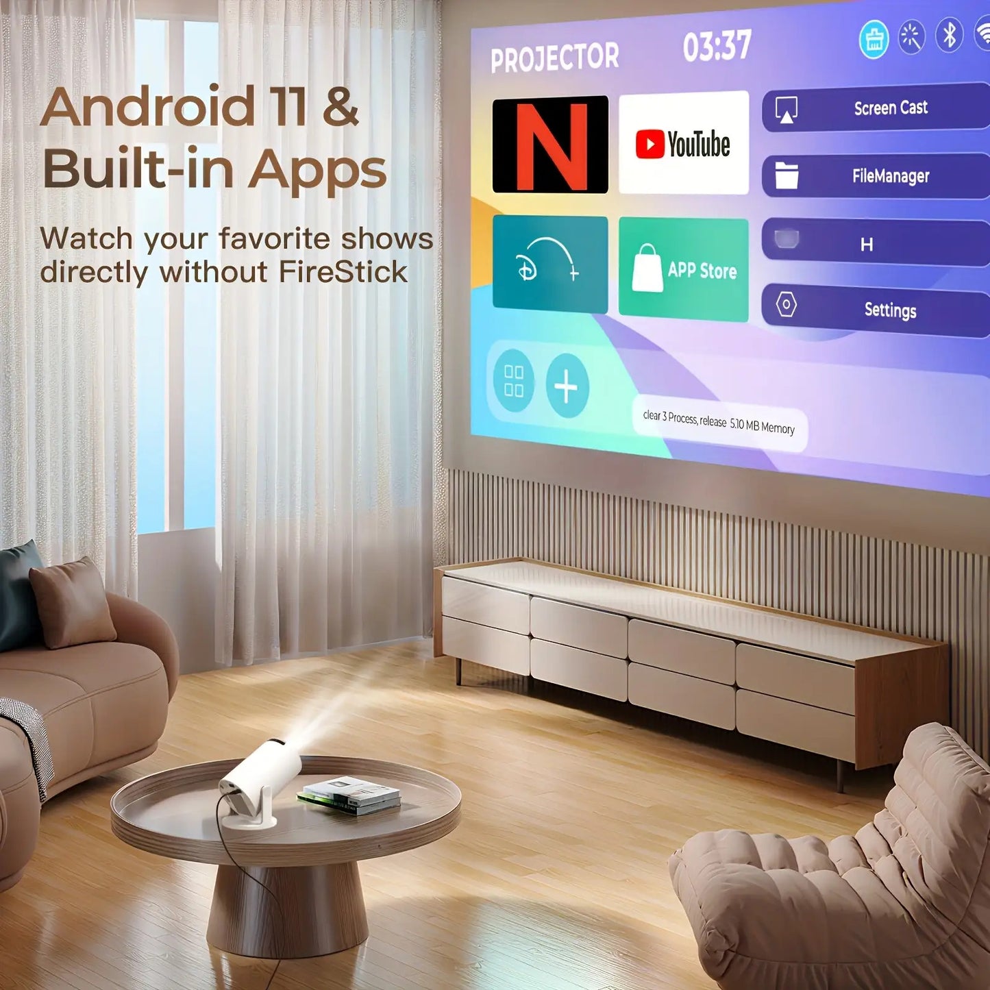 2026 HY300PRO Mini Projector — Portable 720P with WiFi, Bluetooth, 4K Support, Auto Keystone & 180° Rotation, Smart Android 11 for Home or Outdoor Use