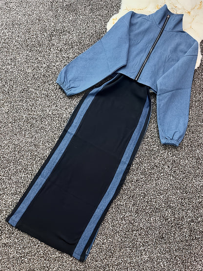 طقم بليزر وفستان نسائي من مجموعة Y2K بألوان متعددة - جاكيت أزرق بأكمام طويلة وسحاب مع فستان بيج بدون أكمام بقصة ضيقة، مناسب للمكتب والشارع في الربيع/الخريف