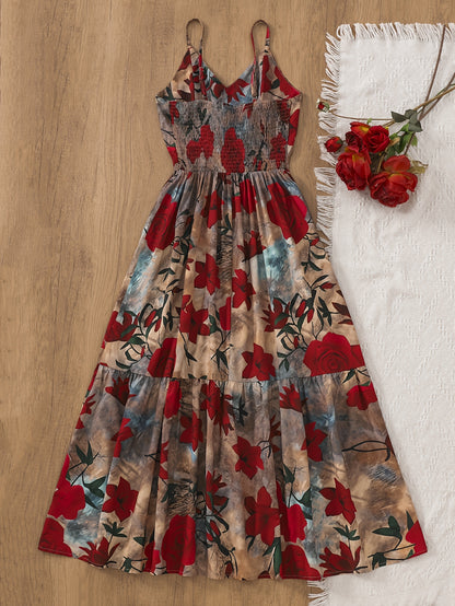 Women’s Vintage Floral Spaghetti-Strap Ball Gown – Large Skirt Dress for Elegant Outings & Date Nights