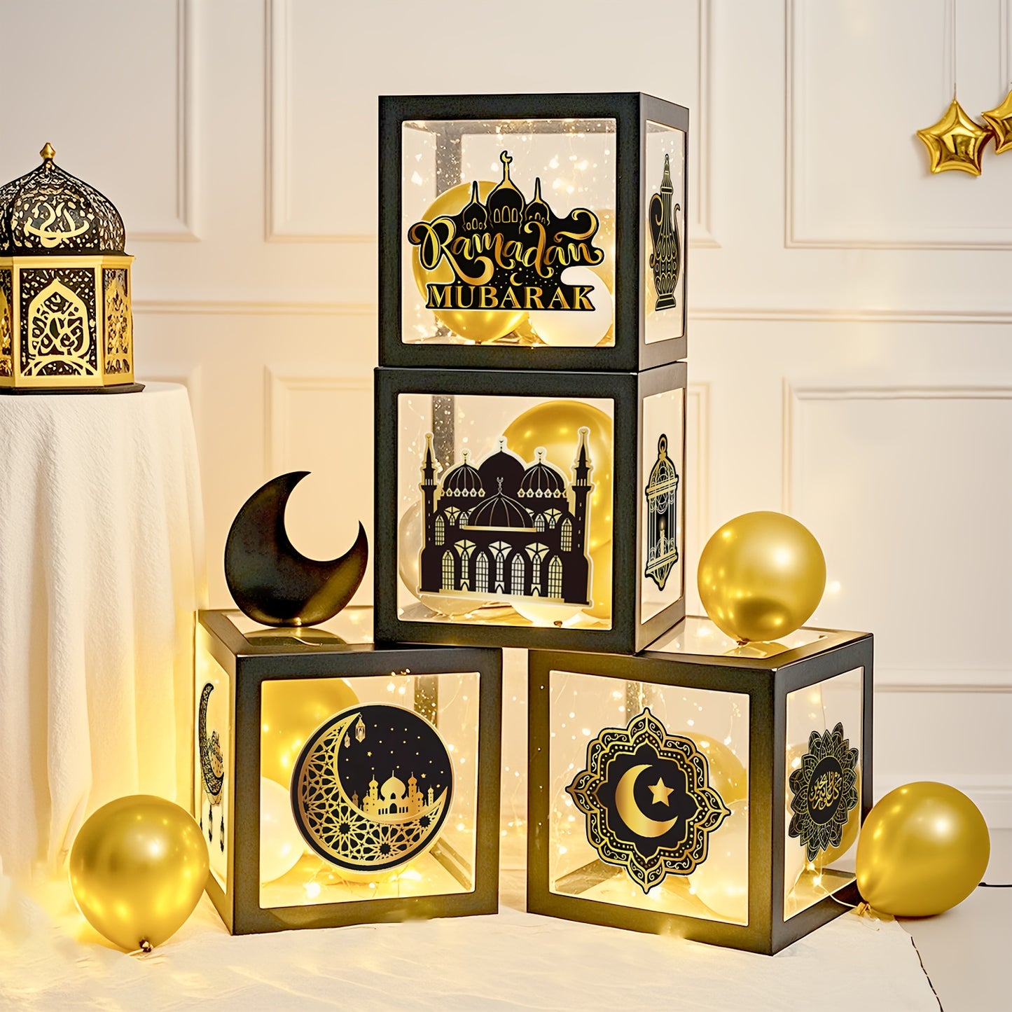 أربع علب بالونات احتفالية برمضان - ديكور عيد مبارك بتصميمات النجوم والأهلة، مثالية لتزيين المنزل وغرفة المعيشة