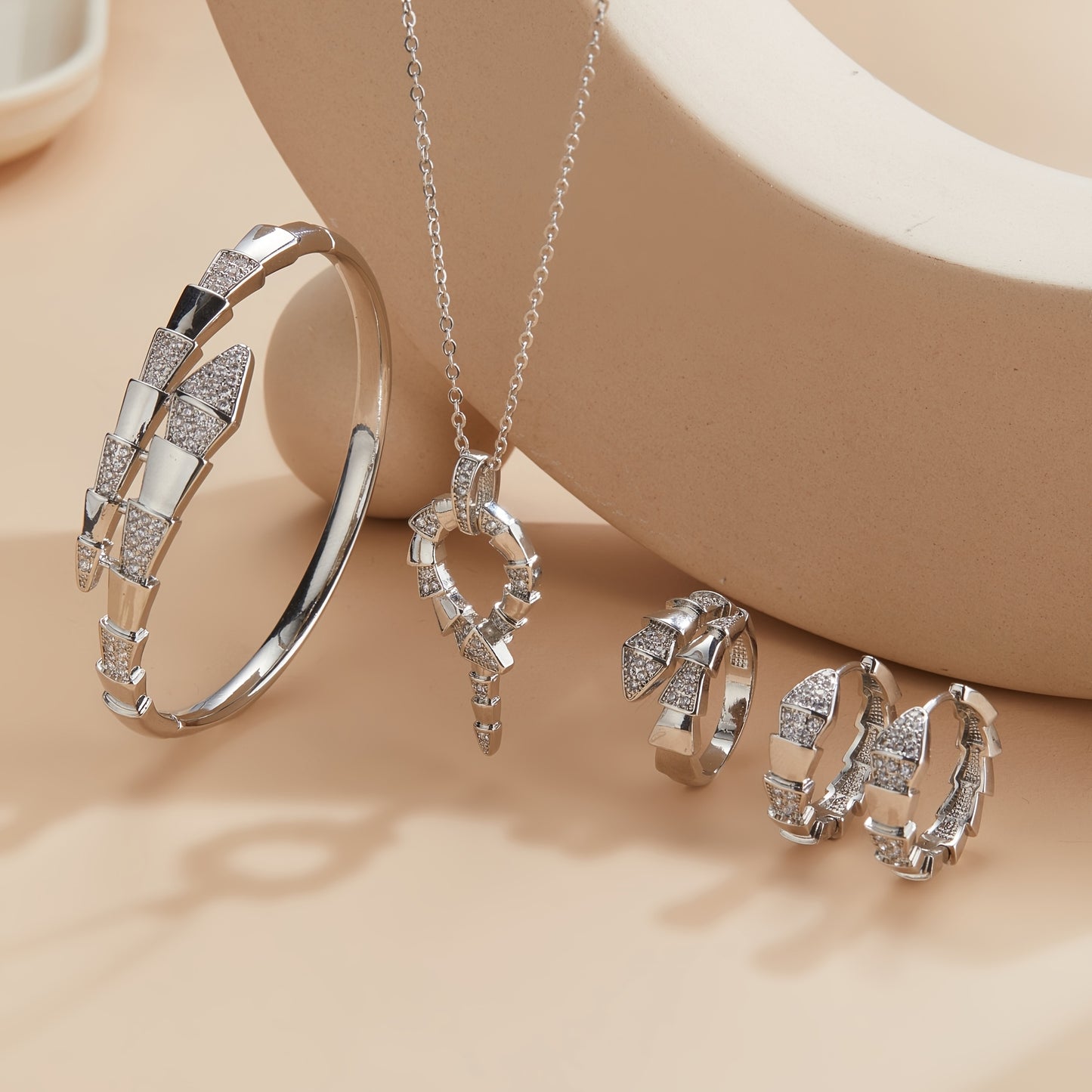 Elegant 4-Piece Copper Alloy Jewelry Set – Sparkling Zirconia Necklace, Ring, Earrings & Bracelet for Daily Wear and Special Gifts