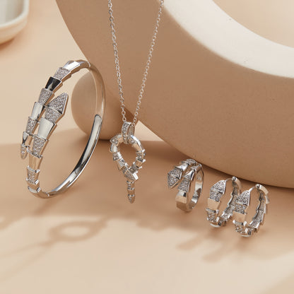 Elegant 4-Piece Copper Alloy Jewelry Set – Sparkling Zirconia Necklace, Ring, Earrings & Bracelet for Daily Wear and Special Gifts