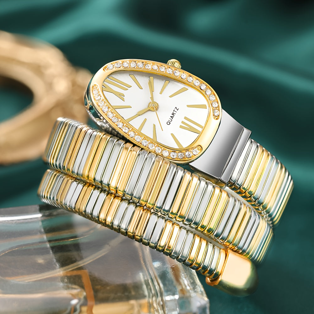 Women’s Elegant Serpentine-Design Quartz Watch – Golden-Tone Alloy Strap with Roman Numerals, Stylish Daily Wear Timepiece