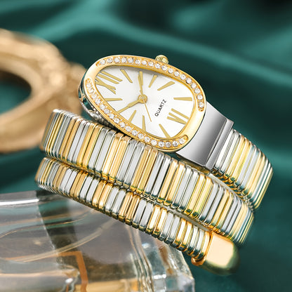 Women’s Elegant Serpentine-Design Quartz Watch – Golden-Tone Alloy Strap with Roman Numerals, Stylish Daily Wear Timepiece