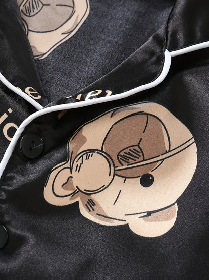 3 Sets (6pcs) Boys’ Cartoon Long-Sleeve Pajama Sets – Casual Non-Stretch Animal Print Sleepwear with Button Front & Cardigan Collar for Spring/Summer/Fall