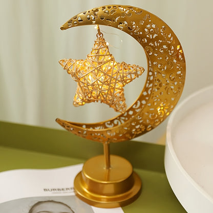 [Boho Star Night Light] Shenzhi Tech Star & Moon Metal Rattan Night Light | Decorative LED Lamp with Golden Crescent Moon & Star Design, Perfect for Bedroom, Kitchen Table, or Desk Decor, Boho Home Ambient Lighting, Table Lam
