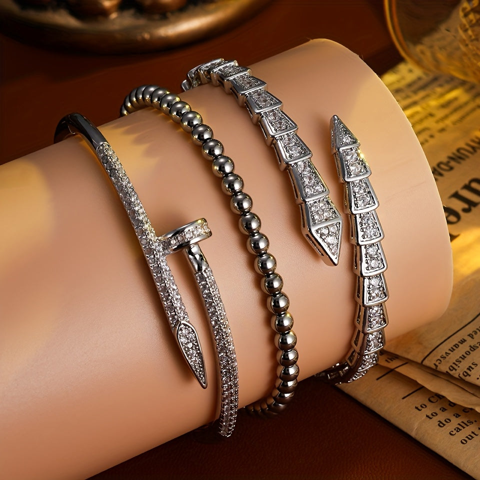 Exquisite Luxury Women'S Jewelry Set of 3, Elegant Style with Copper Plated Golden Inlaid Synthetic Zirconia Design Featuring Snake-Shaped Open Bracelet, Nail-Shaped Bracelet, and Round Bead Bracelet Suitable for Daily Wear a