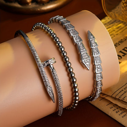 Exquisite Luxury Women'S Jewelry Set of 3, Elegant Style with Copper Plated Golden Inlaid Synthetic Zirconia Design Featuring Snake-Shaped Open Bracelet, Nail-Shaped Bracelet, and Round Bead Bracelet Suitable for Daily Wear a