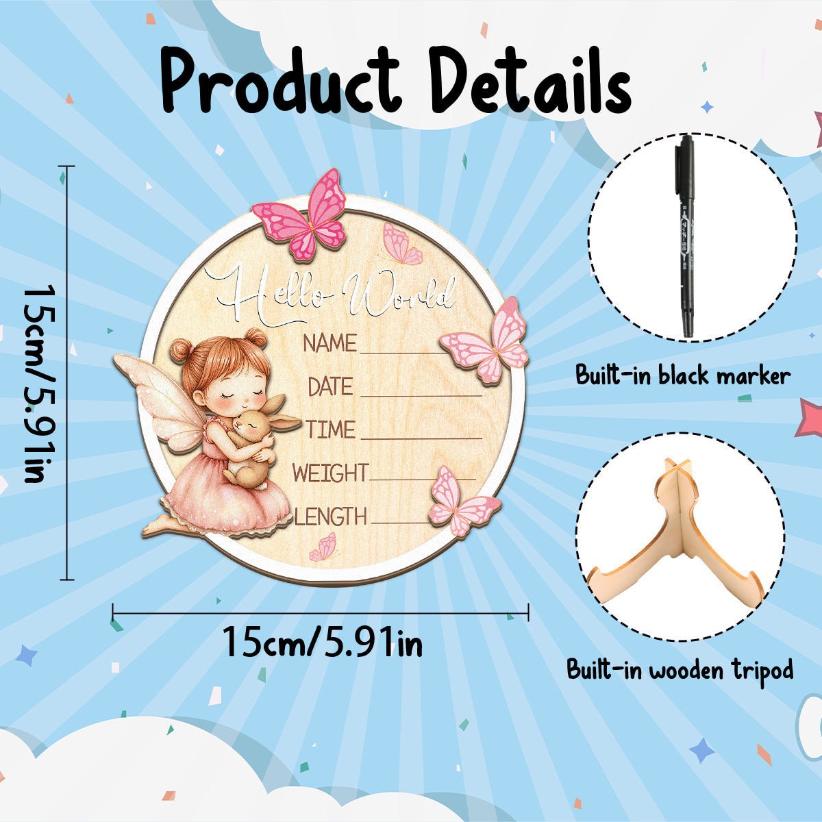 Hello World" Wooden Birth Announcement Board with Butterfly & Name/Date/Time/Weight/Length - Elegant Pink & Golden Lettering, Marker Included - Perfect for Decor