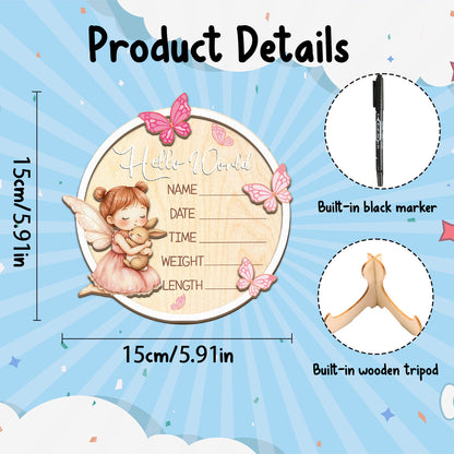 Hello World" Wooden Birth Announcement Board with Butterfly & Name/Date/Time/Weight/Length - Elegant Pink & Golden Lettering, Marker Included - Perfect for Decor