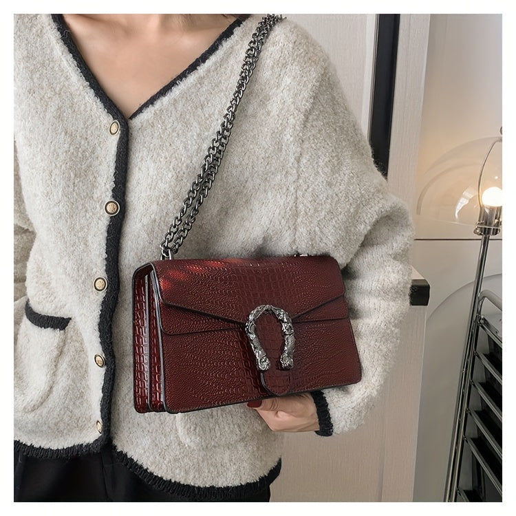 Women’s Luxury Crocodile-Embossed Crossbody Bag – Vintage Faux Leather Shoulder Purse with Adjustable Chain Strap, Zipper & Snap Closure, G-Style Design