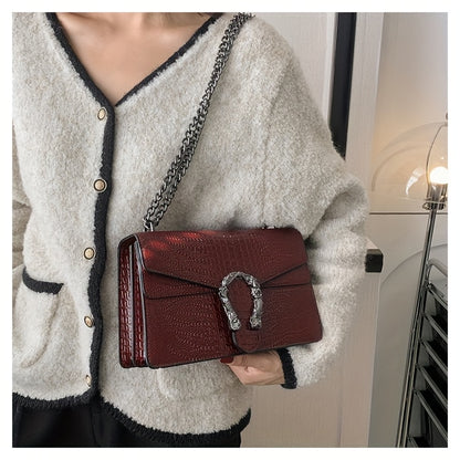 Women’s Luxury Crocodile-Embossed Crossbody Bag – Vintage Faux Leather Shoulder Purse with Adjustable Chain Strap, Zipper & Snap Closure, G-Style Design