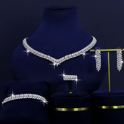 Women’s 5-Piece Leaf Design Bridal Jewelry Set – White Zirconia Ring, Necklace, Earrings & Bracelet for Weddings, Anniversaries & Valentine’s Day
