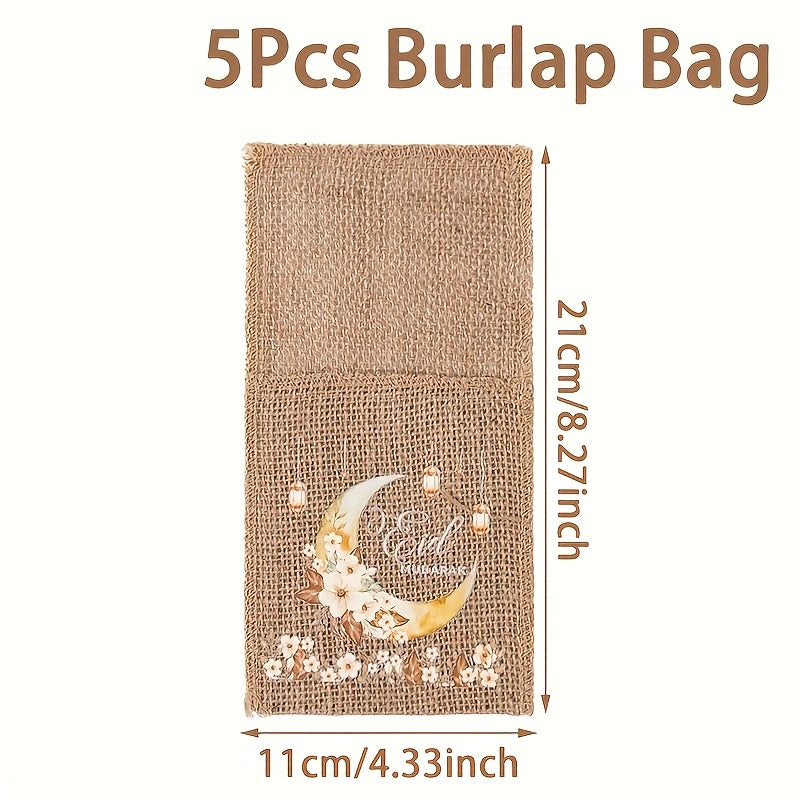 Set of 5 Eid-Themed Linen Bags Featuring Moon Lanterns And Flowers, Perfect for Ramadan Celebrations. These Burlap Bags Are Ideal for Eid Mubarak Decorations at Home And for Islamic Muslim Party Supplies, Including Tableware