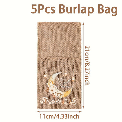 Set of 5 Eid-Themed Linen Bags Featuring Moon Lanterns And Flowers, Perfect for Ramadan Celebrations. These Burlap Bags Are Ideal for Eid Mubarak Decorations at Home And for Islamic Muslim Party Supplies, Including Tableware