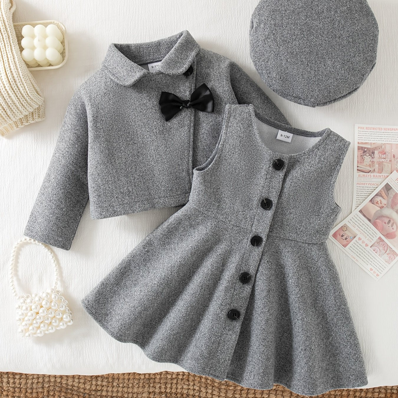 3-Piece Winter Baby Dress Set – Jacket, Vest Dress & Matching Hat with Bow and Button Details, Soft Cozy Outfit for 1st Birthdays & Christenings (Grey)
