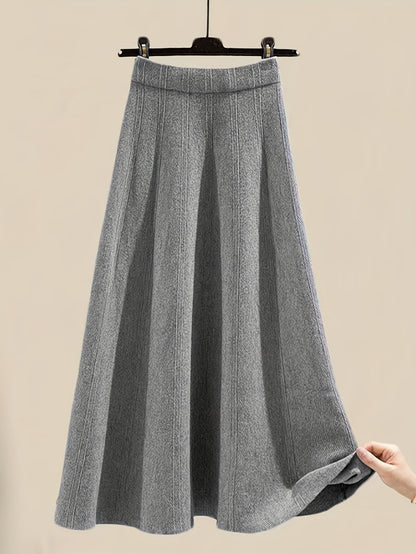 طقم نسائي من قطعتين من ملابس التريكو لفصلي الخريف والشتاء - بلوزة عصرية مع تنورة فضفاضة