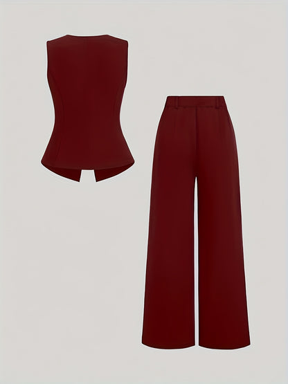Women’s Elegant Waist-Cinching Vest & Wide-Leg Pants Set – Solid Button-Up Two-Piece Outfit for Office or Casual Wear