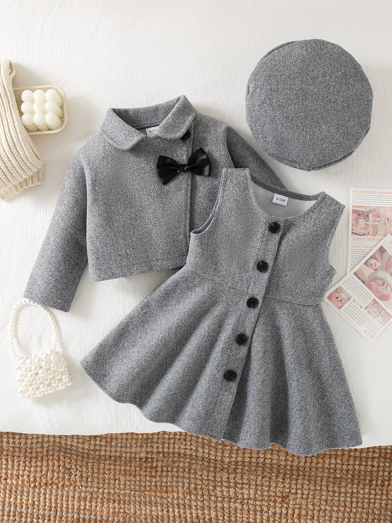3-Piece Winter Baby Dress Set – Jacket, Vest Dress & Matching Hat with Bow and Button Details, Soft Cozy Outfit for 1st Birthdays & Christenings (Grey)