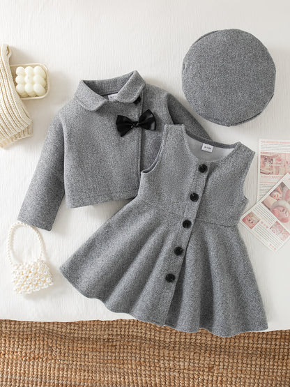 3-Piece Winter Baby Dress Set – Jacket, Vest Dress & Matching Hat with Bow and Button Details, Soft Cozy Outfit for 1st Birthdays & Christenings (Grey)