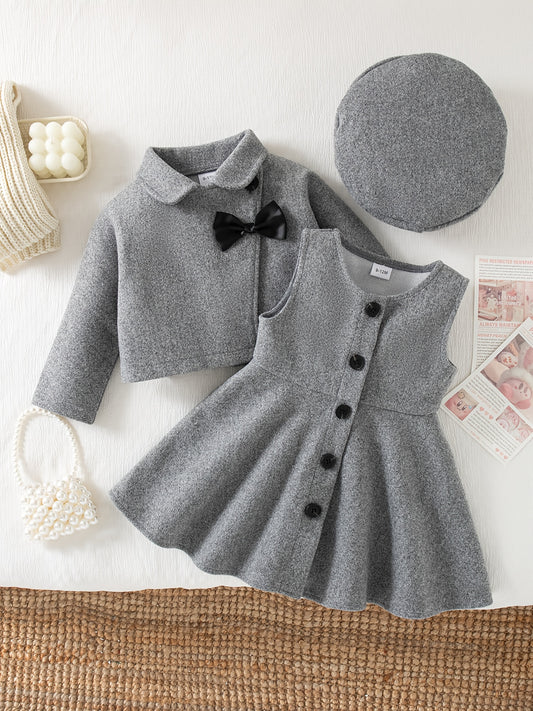 3-Piece Winter Baby Dress Set – Jacket, Vest Dress & Matching Hat with Bow and Button Details, Soft Cozy Outfit for 1st Birthdays & Christenings (Grey)