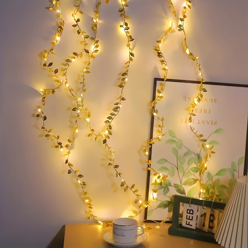 Golden Leaf Garland Fairy Lights | Plastic, Warm White LED, Battery Powered (2 Batteries Not Included), Ideal for Home, Tabletop, Wedding, Ramadan, Special Event Decorations - Featherless, No Batteries Included