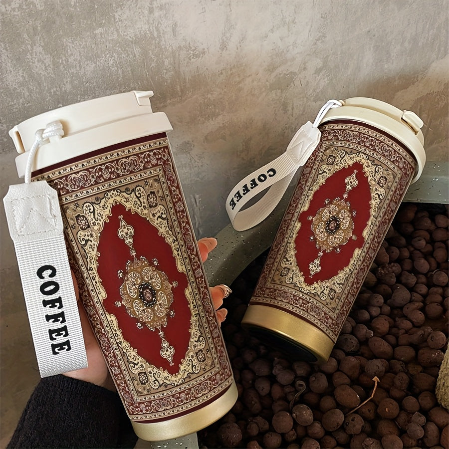 A 530ml Character Pattern Insulated Bottle Cup,Artistic Style,Fashion,Insulated/Cold Coffee Cup,Rope Portable Double Drink Type,Stainless Steel Insulated Bottle Cup,Cold Drink/Hot Drink Cup,Suitable for Ramadan