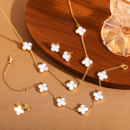 Women’s 5-Piece Stainless Steel Jewelry Set – Minimalist Four-Leaf Clover Necklace, Bracelet, Earrings & Ring, Elegant Daily & Party Gift Set (No Plating)