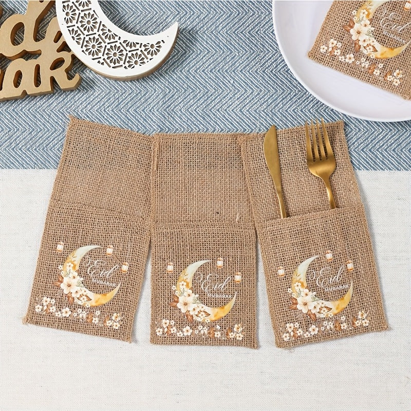 Set of 5 Eid-Themed Linen Bags Featuring Moon Lanterns And Flowers, Perfect for Ramadan Celebrations. These Burlap Bags Are Ideal for Eid Mubarak Decorations at Home And for Islamic Muslim Party Supplies, Including Tableware