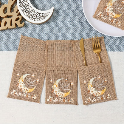 Set of 5 Eid-Themed Linen Bags Featuring Moon Lanterns And Flowers, Perfect for Ramadan Celebrations. These Burlap Bags Are Ideal for Eid Mubarak Decorations at Home And for Islamic Muslim Party Supplies, Including Tableware
