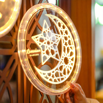 فوانيس رمضانية بتقنية LED - تصميم الخط العربي والهلال، تعمل بالبطارية، مصابيح معلقة داخلية/خارجية مع زر تحكم، فوانيس زخرفية