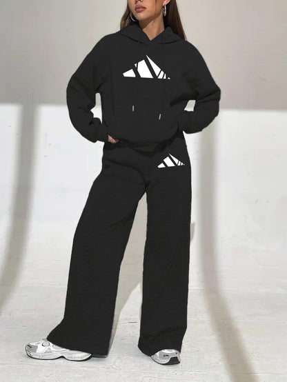 Women’s Winter Hooded Sweatshirt & Jogger Set – Casual Pullover with Letter Print, Pockets & Drawstring Waist