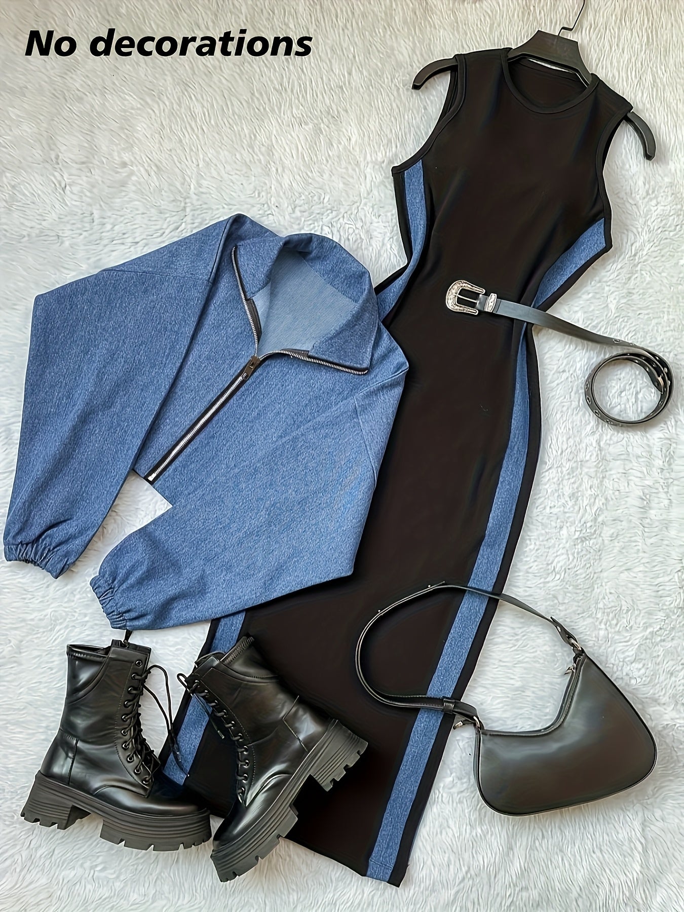 طقم بليزر وفستان نسائي من مجموعة Y2K بألوان متعددة - جاكيت أزرق بأكمام طويلة وسحاب مع فستان بيج بدون أكمام بقصة ضيقة، مناسب للمكتب والشارع في الربيع/الخريف