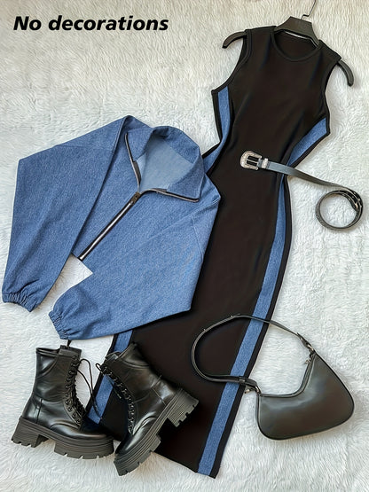 طقم بليزر وفستان نسائي من مجموعة Y2K بألوان متعددة - جاكيت أزرق بأكمام طويلة وسحاب مع فستان بيج بدون أكمام بقصة ضيقة، مناسب للمكتب والشارع في الربيع/الخريف