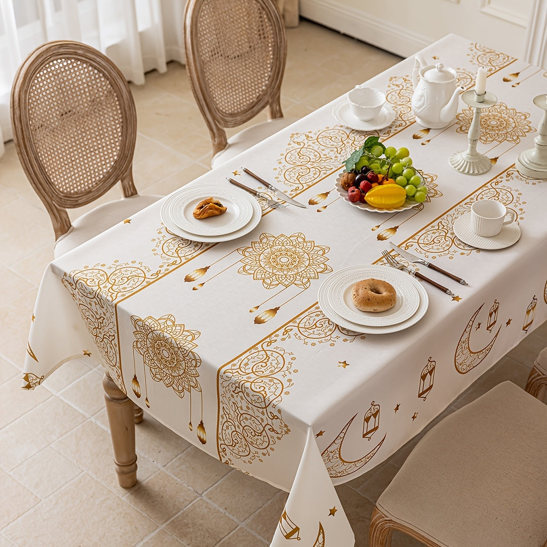 1pc Bohemian Geometric Beige Ramadan Tablecloth, with Golden Moon and Stars Pattern, Washable Rectangular Tablecloth, Suitable for Dinner Party, Table, Party, Festival Celebration Decoration, Eid Decoration, Gift