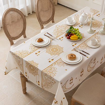 1pc Bohemian Geometric Beige Ramadan Tablecloth, with Golden Moon and Stars Pattern, Washable Rectangular Tablecloth, Suitable for Dinner Party, Table, Party, Festival Celebration Decoration, Eid Decoration, Gift