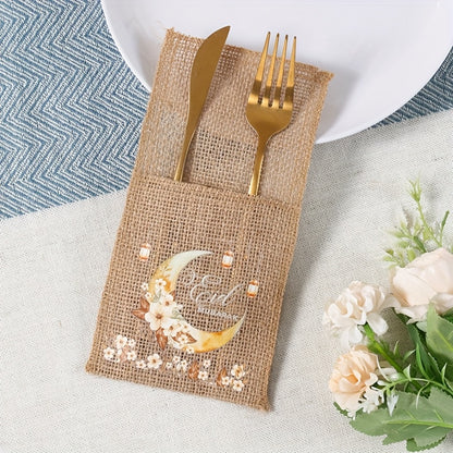 Set of 5 Eid-Themed Linen Bags Featuring Moon Lanterns And Flowers, Perfect for Ramadan Celebrations. These Burlap Bags Are Ideal for Eid Mubarak Decorations at Home And for Islamic Muslim Party Supplies, Including Tableware