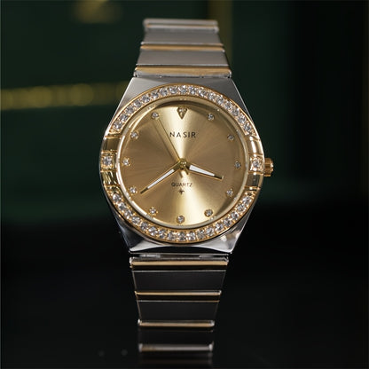 Women’s Luxury Stainless Steel Quartz Watch – Golden-Tone Dial with Crystal Accents, Elegant Round Case for Daily Wear or Special Occasions