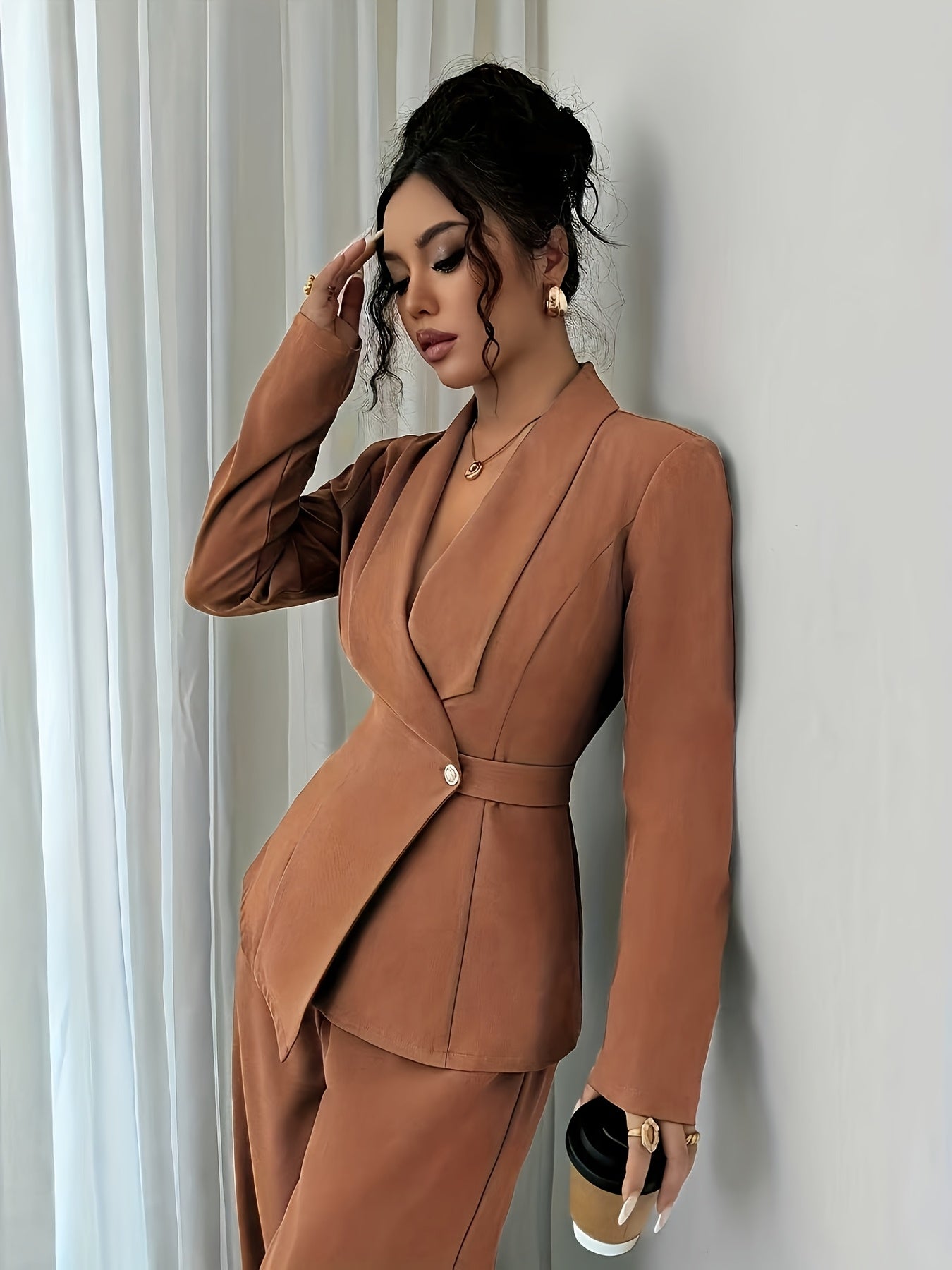 Women’s Elegant Solid Color Pants Suit – Chic Two-Piece Set with Button Details for All-Season Wear