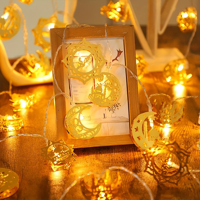 10-LED Mixed Style Iron Moon Castle Oil Lamp String | Durable Ramadan Festival Decoration, Suitable for Ramadan, Spring, Winter, Bedroom, Battery Powered (Battery Not Included)